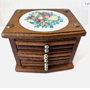 Vintage Wooden Coaster Set with Floral Design and Storage Case